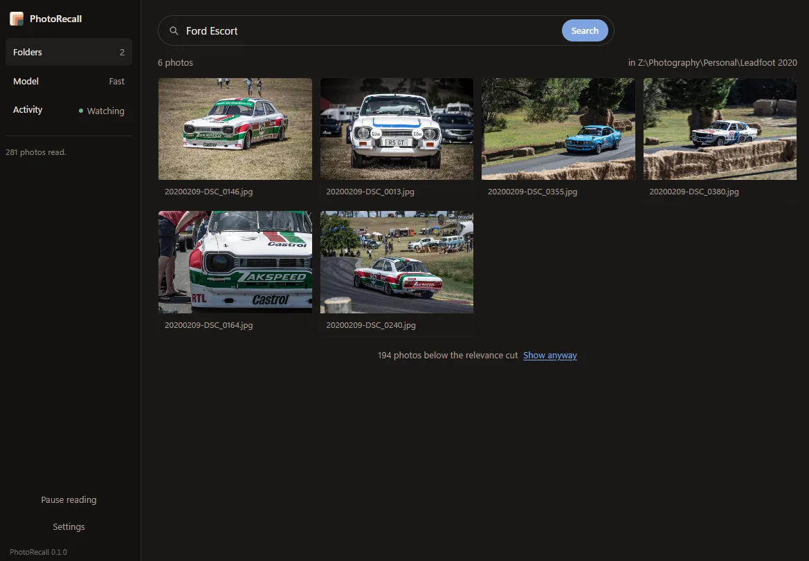 The PhotoRecall window. A search for “Ford Escort” has returned six photos from a folder of 281 already read, with the rest listed as below the relevance cut.